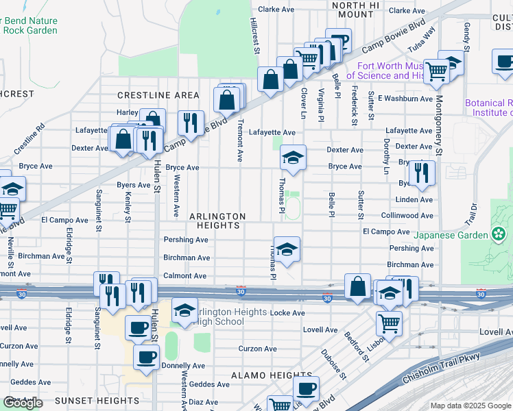 map of restaurants, bars, coffee shops, grocery stores, and more near 2300 Hillcrest Street in Fort Worth