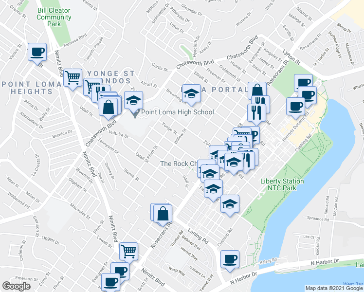 map of restaurants, bars, coffee shops, grocery stores, and more near 3226 Xenophon Street in San Diego