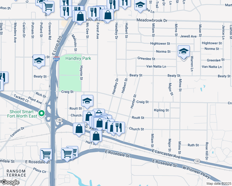 map of restaurants, bars, coffee shops, grocery stores, and more near 2845 Handley Drive in Fort Worth