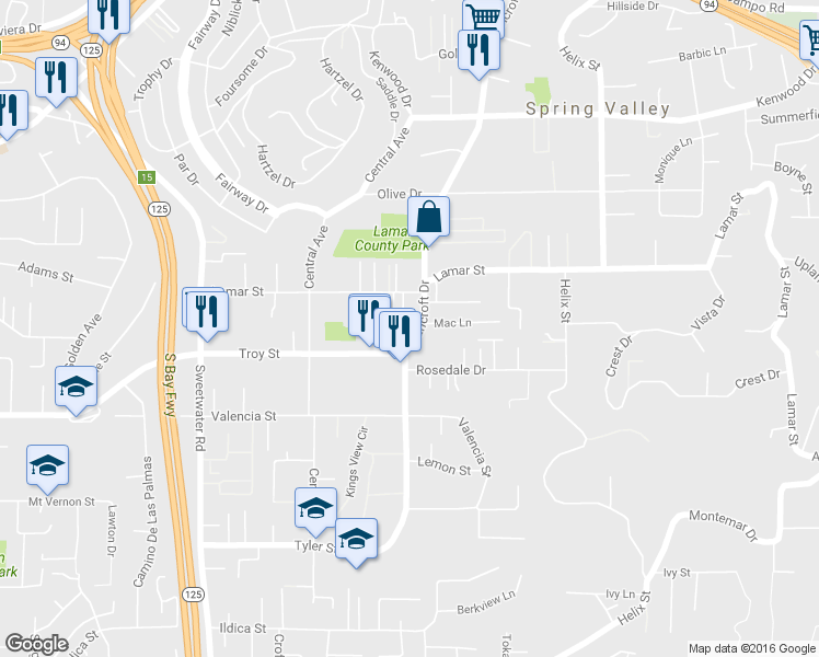 map of restaurants, bars, coffee shops, grocery stores, and more near 2936 Bancroft Drive in Spring Valley