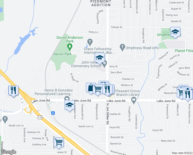 map of restaurants, bars, coffee shops, grocery stores, and more near 7012 Moondale Lane in Dallas