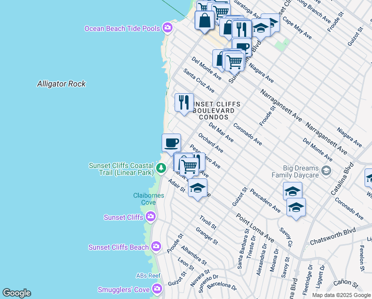 map of restaurants, bars, coffee shops, grocery stores, and more near 1479 Sunset Cliffs Boulevard in San Diego