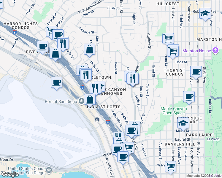 map of restaurants, bars, coffee shops, grocery stores, and more near 3141 Harbor Ridge Lane in San Diego