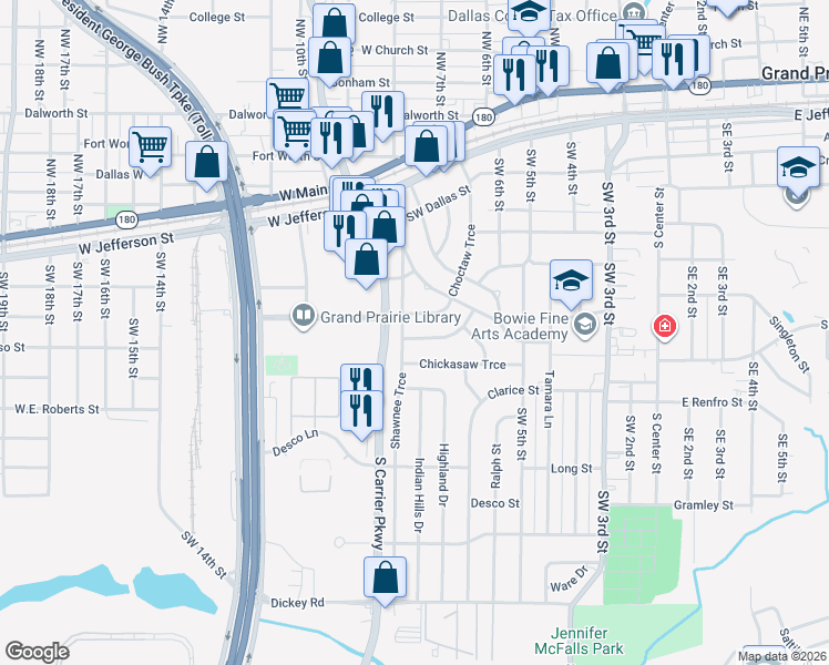 map of restaurants, bars, coffee shops, grocery stores, and more near 810 Apache Trce in Grand Prairie
