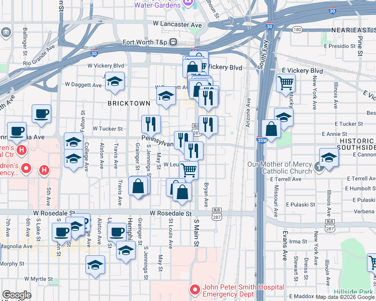 map of restaurants, bars, coffee shops, grocery stores, and more near 650 South Main Street in Fort Worth