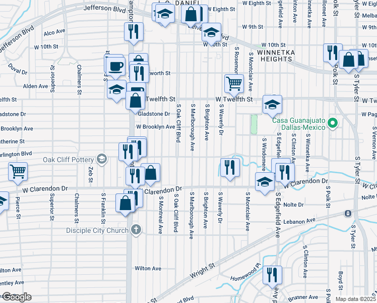 map of restaurants, bars, coffee shops, grocery stores, and more near 823 South Marlborough Avenue in Dallas
