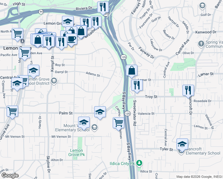 map of restaurants, bars, coffee shops, grocery stores, and more near 2964 Crane Street in Lemon Grove