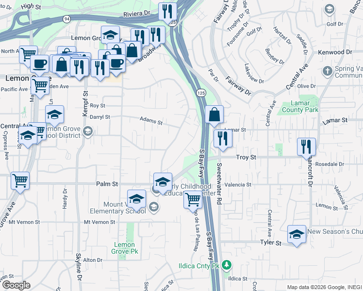 map of restaurants, bars, coffee shops, grocery stores, and more near 2964 Crane Street in Lemon Grove