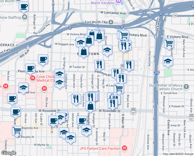 map of restaurants, bars, coffee shops, grocery stores, and more near 665 South Jennings Avenue in Fort Worth