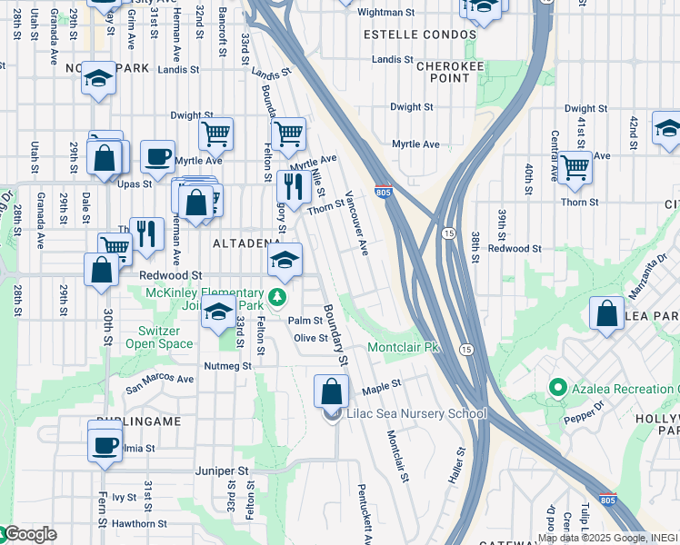 map of restaurants, bars, coffee shops, grocery stores, and more near 3062 Nile Street in San Diego