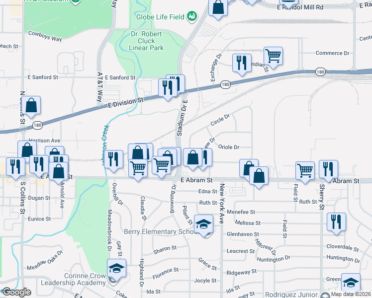 map of restaurants, bars, coffee shops, grocery stores, and more near 727 Circle Drive in Arlington