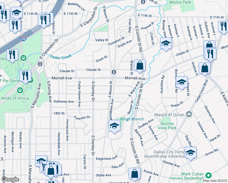 map of restaurants, bars, coffee shops, grocery stores, and more near 1403 Strickland Street in Dallas