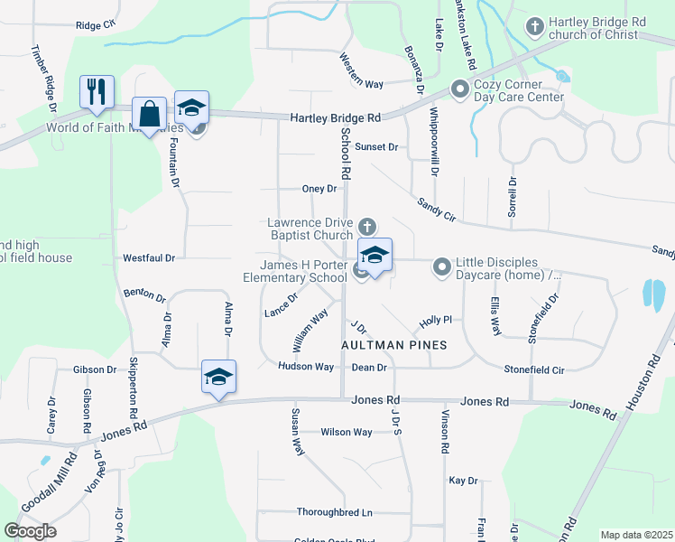 map of restaurants, bars, coffee shops, grocery stores, and more near 5801 School Rd in Macon