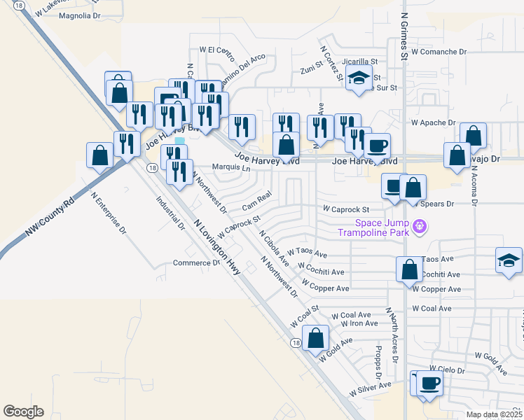 map of restaurants, bars, coffee shops, grocery stores, and more near 1418 West Caprock Street in Hobbs