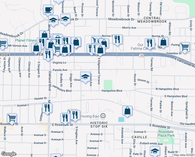 map of restaurants, bars, coffee shops, grocery stores, and more near 656 North Edgewood Terrace in Fort Worth