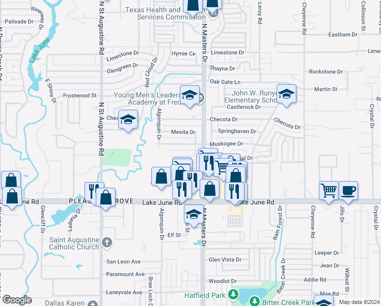 map of restaurants, bars, coffee shops, grocery stores, and more near 10055 Neosho Drive in Dallas