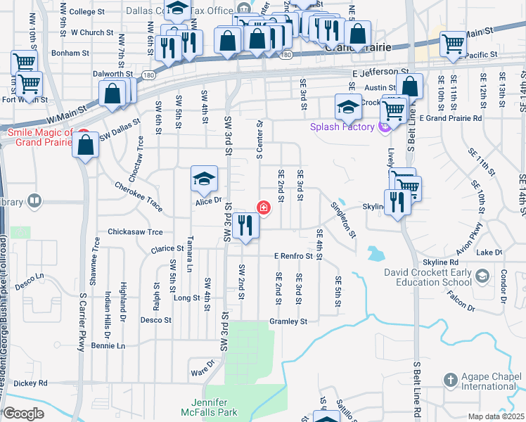 map of restaurants, bars, coffee shops, grocery stores, and more near 730 South Center Street in Grand Prairie