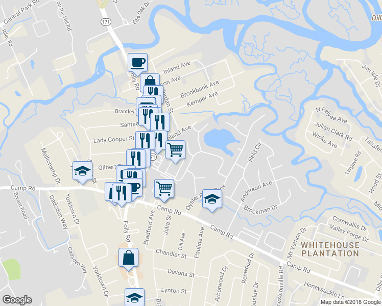 map of restaurants, bars, coffee shops, grocery stores, and more near 2 Commercial Row in Charleston