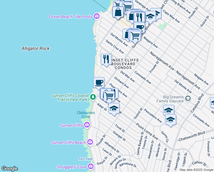 map of restaurants, bars, coffee shops, grocery stores, and more near 1479 Sunset Cliffs Boulevard in San Diego