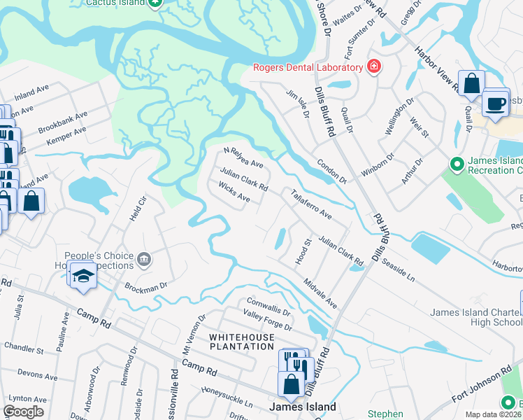 map of restaurants, bars, coffee shops, grocery stores, and more near 1045 Point Of Light Lane in Charleston