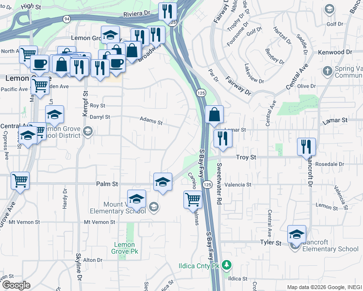 map of restaurants, bars, coffee shops, grocery stores, and more near 2964 Crane Street in Lemon Grove