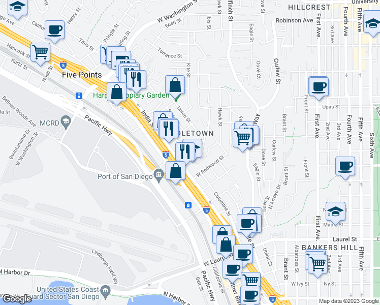 map of restaurants, bars, coffee shops, grocery stores, and more near 3243-45 Columbia Street in San Diego