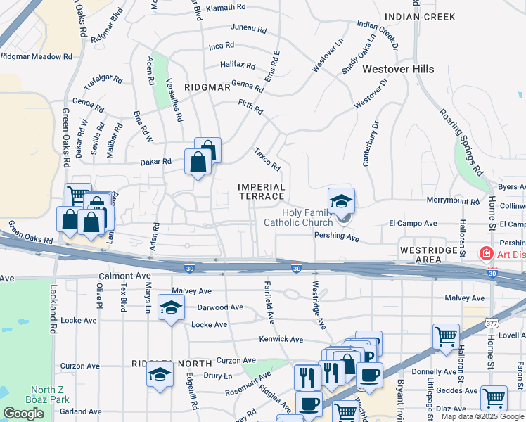 map of restaurants, bars, coffee shops, grocery stores, and more near 6335 Plaza Parkway in Fort Worth