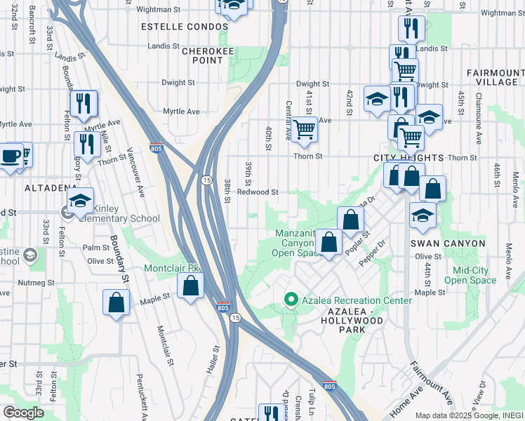 map of restaurants, bars, coffee shops, grocery stores, and more near 3050 40th Street in San Diego