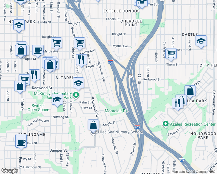 map of restaurants, bars, coffee shops, grocery stores, and more near 3029 Vancouver Avenue in San Diego