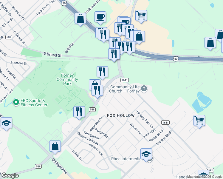 map of restaurants, bars, coffee shops, grocery stores, and more near 122 Trophy Trail in Forney