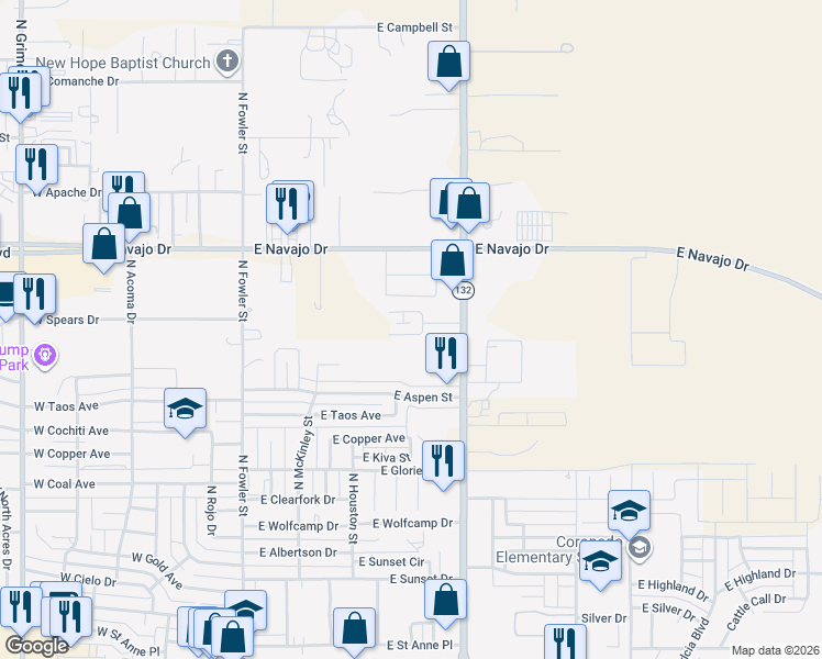 map of restaurants, bars, coffee shops, grocery stores, and more near 3419 North Dal Paso Street in Hobbs