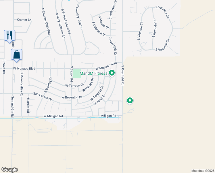 map of restaurants, bars, coffee shops, grocery stores, and more near 8398 West Altos Drive in Arizona City