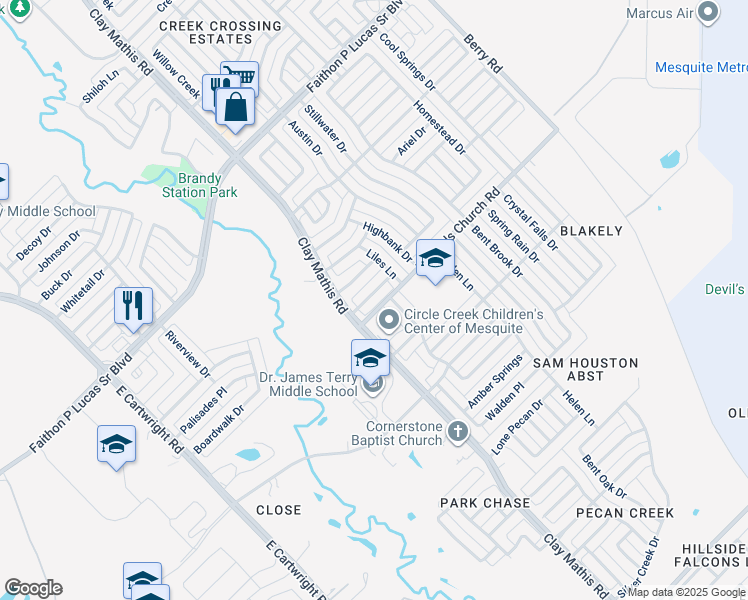 map of restaurants, bars, coffee shops, grocery stores, and more near 2220 Tanglewood Street in Mesquite