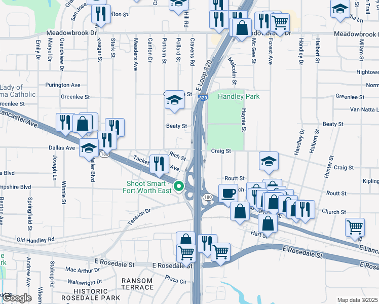 map of restaurants, bars, coffee shops, grocery stores, and more near 6050 Craig Street in Fort Worth