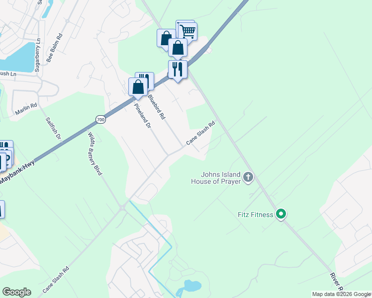 map of restaurants, bars, coffee shops, grocery stores, and more near 2865 Cane Slash Road in Johns Island