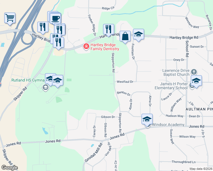 map of restaurants, bars, coffee shops, grocery stores, and more near 6233 Skipperton Road in Macon