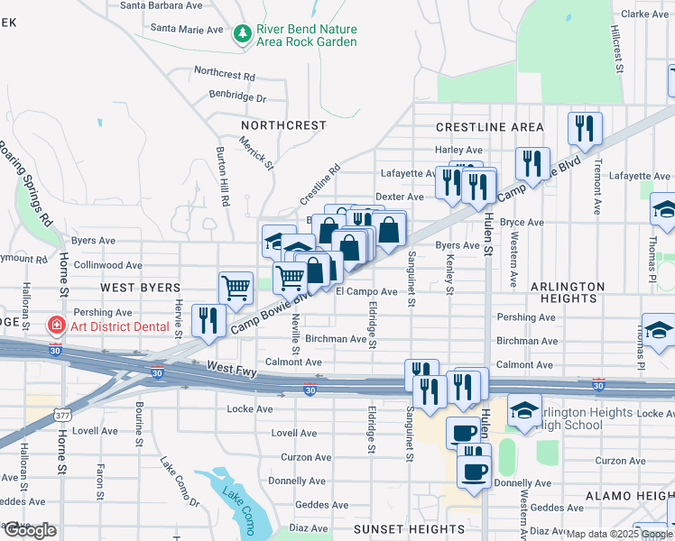 map of restaurants, bars, coffee shops, grocery stores, and more near 4949 Collinwood Avenue in Fort Worth