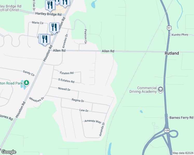 map of restaurants, bars, coffee shops, grocery stores, and more near 316 Browning Pointe Road in Macon