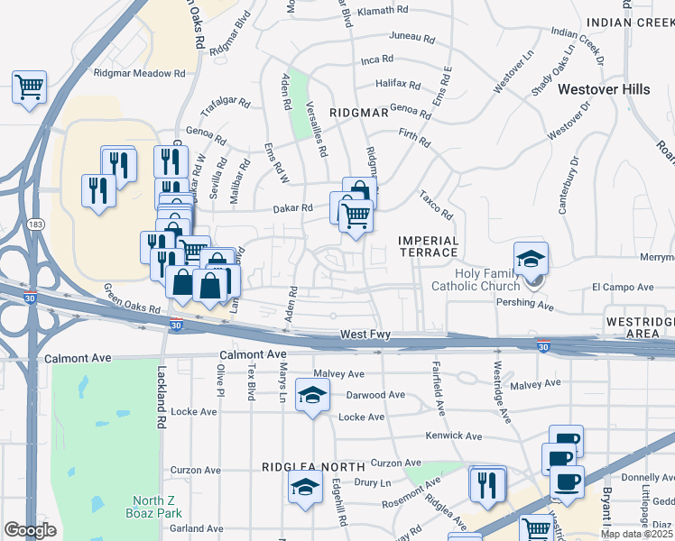 map of restaurants, bars, coffee shops, grocery stores, and more near 2300 Ridgmar Boulevard in Fort Worth