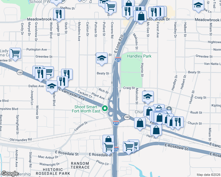 map of restaurants, bars, coffee shops, grocery stores, and more near 2900 East Loop 820 Service Road West in Fort Worth