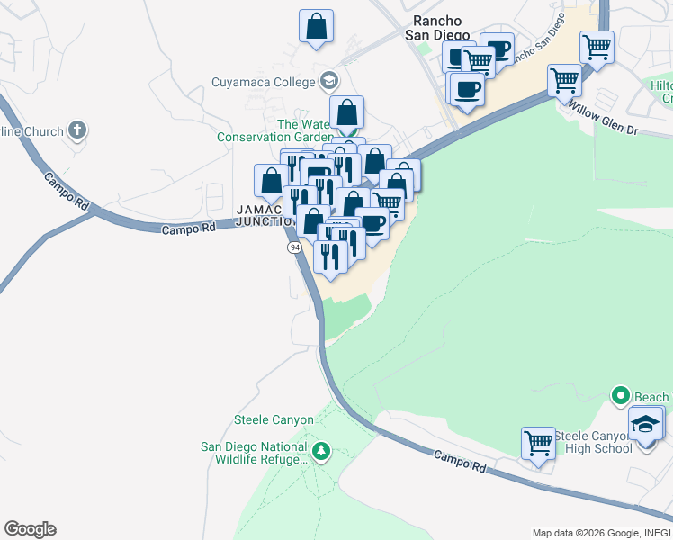 map of restaurants, bars, coffee shops, grocery stores, and more near 2959 Jamacha Road in El Cajon