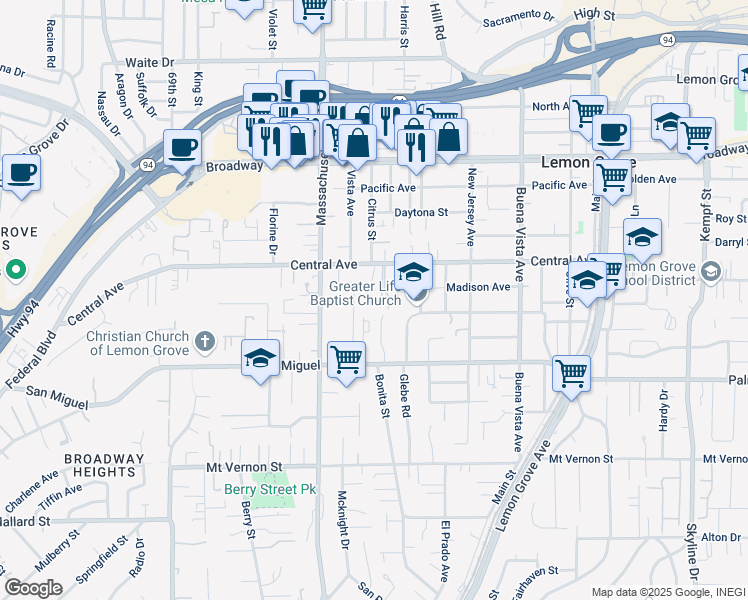 map of restaurants, bars, coffee shops, grocery stores, and more near 7302 Goodman Lane in Lemon Grove