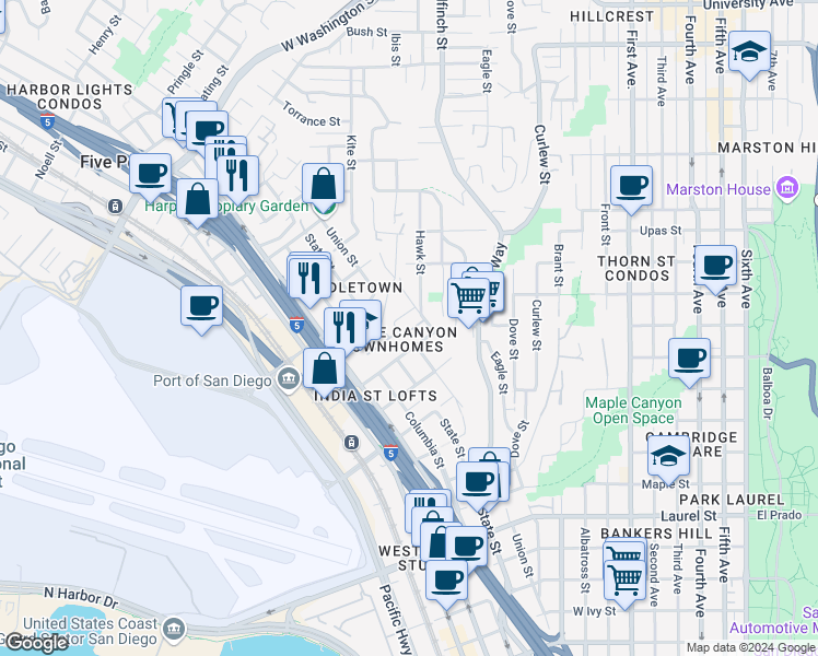 map of restaurants, bars, coffee shops, grocery stores, and more near 3145 Union Street in San Diego