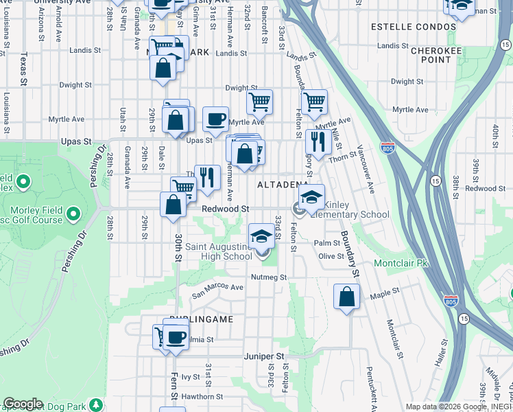 map of restaurants, bars, coffee shops, grocery stores, and more near 3224 Redwood Street in San Diego