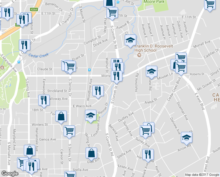 map of restaurants, bars, coffee shops, grocery stores, and more near 1614 East Waco Avenue in Dallas