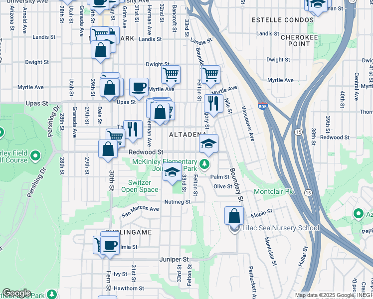 map of restaurants, bars, coffee shops, grocery stores, and more near 3105 33rd Street in San Diego