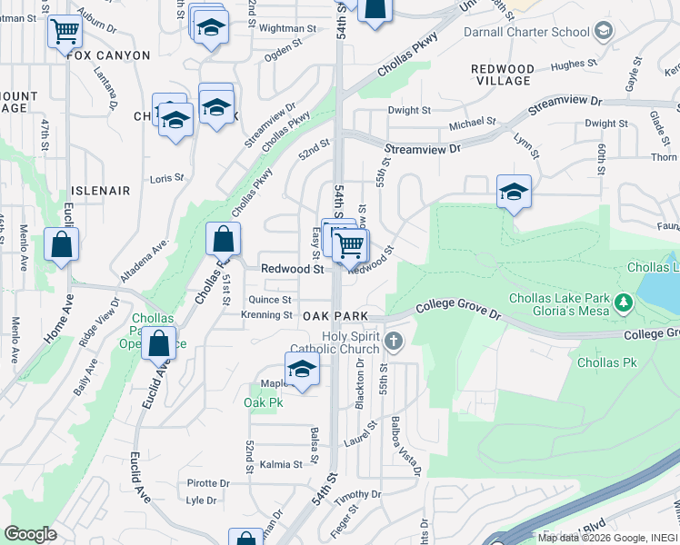 map of restaurants, bars, coffee shops, grocery stores, and more near 3089 54th Street in San Diego