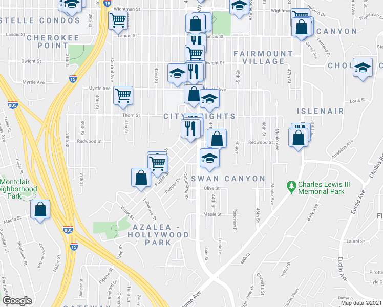 map of restaurants, bars, coffee shops, grocery stores, and more near 4321 Poplar Street in San Diego