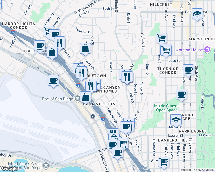 map of restaurants, bars, coffee shops, grocery stores, and more near 1075 West Spruce Street in San Diego