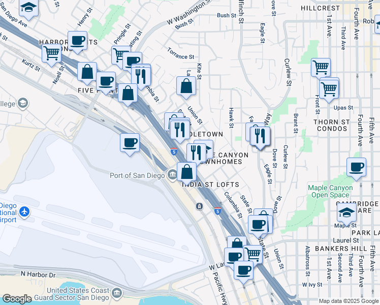 map of restaurants, bars, coffee shops, grocery stores, and more near 3260 Columbia Street in San Diego